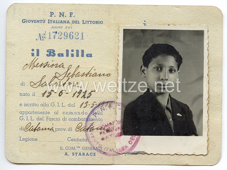 III. Reich - Italien - Partito Nazionale Fascista ( PNF ) - Mitgliedsausweis für einen Jungen des Jahrgangs 1925 Bild 2