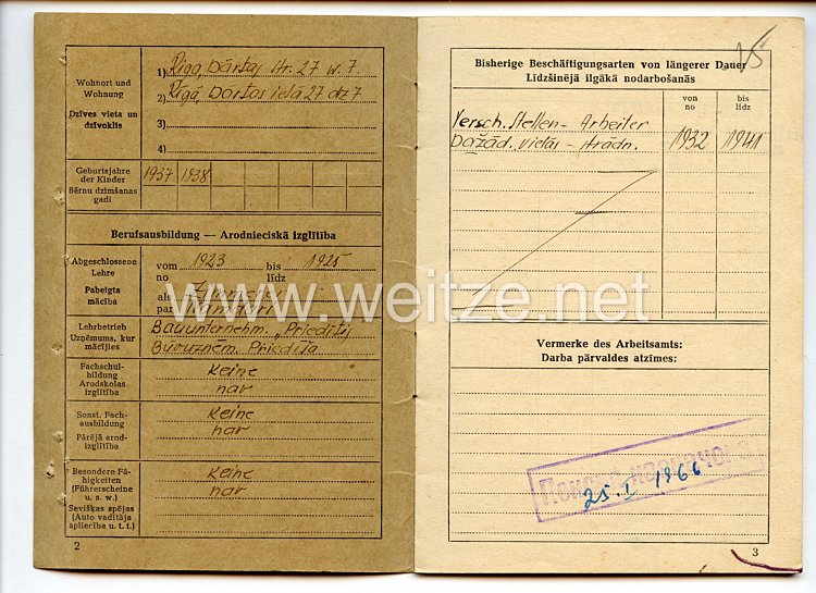 III. Reich - Generalkommissar in Lettland - Arbeitsausweis für einen Mann des Jahrgangs 1905 Bild 2
