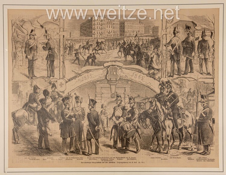 Hamburg gerahmte Lithographie Das Hamburger Bürgermilitär und sein Jubiläum - 1815-1865" Bild 2