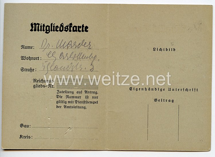 III. Reich - Die NS-Kulturgemeinde e.V. - Mitgliedskarte Bild 2