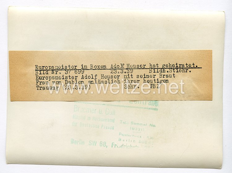  III. Reich Pressefoto. Europaminister im Boxen Adolf Heuser hat geheiratet. 23.3.1939. Bild 2