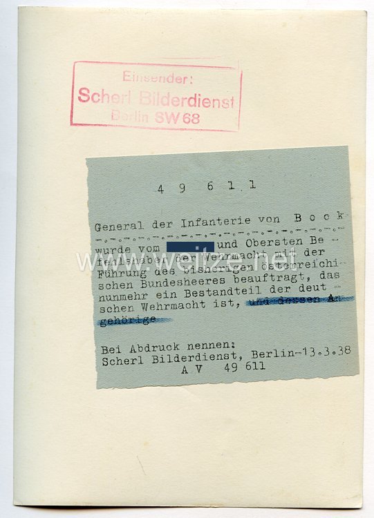 Wehrmacht Heer Pressefoto: General der Infanterie von Bock 13.3.1938 Bild 2