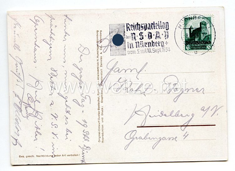 III. Reich - farbige Propaganda-Postkarte " Nürnberg die Stadt der Reichsparteitage - Nürnberger Tand geht durch alle Land " Bild 2