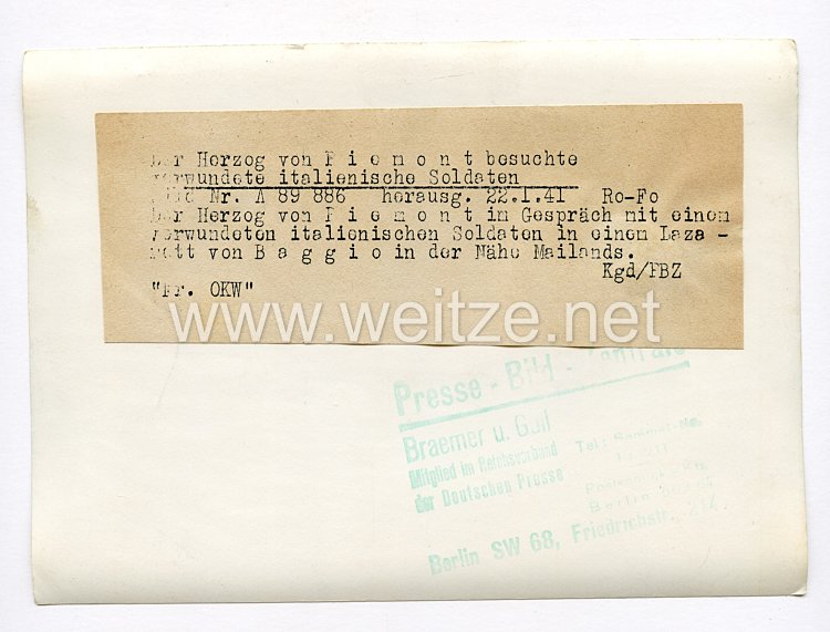III. Reich Pressefoto. Der Herzog von Piemont besuchte verwundete italienische Soldaten. 22.1.1941. Bild 2