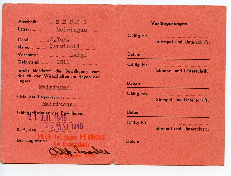 III. Reich - Armeekomanndo italienisches Internierungs-Lager Meiringen - Ausweiskarte zum Besuch von Wirtschaften für E.K.G. Bild 2