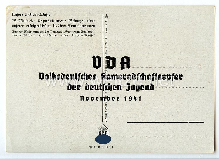 Kriegsmarine - Willrich farbige Propaganda-Postkarte - Ritterkreuzträger Kapitänleutnant Herbert Schultze Bild 2