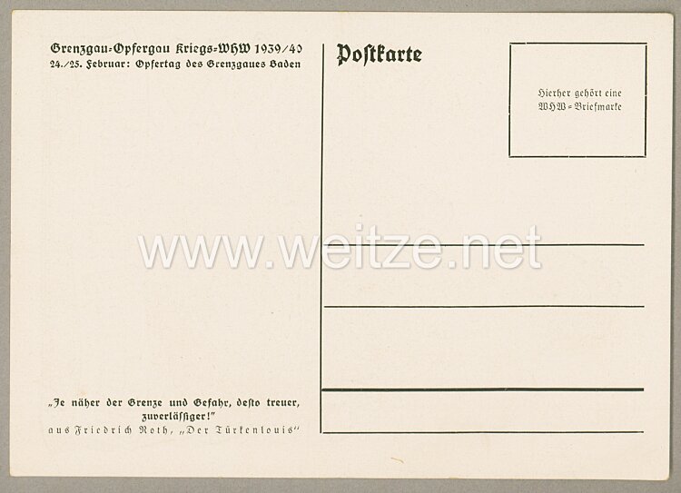 III. Reich - farbige Propaganda-Postkarte - " Grenzgau-Opfergau Kriegs-WHW 1939/40 - Opfertag des Grenzgaues Baden " Bild 2