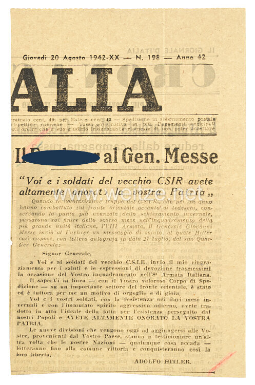 III. Reich Offizielles Anerkennungsschreiben von Adolf Hitler an den Kommandierenden General des Italienischen Expeditionskorps in Russland, General Giovanni Messe Bild 2