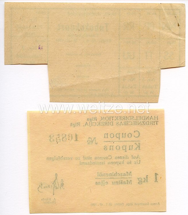 III. Reich / Lettland - Tabakkarte und Coupon für 1 Kg Maschinenöl Bild 2