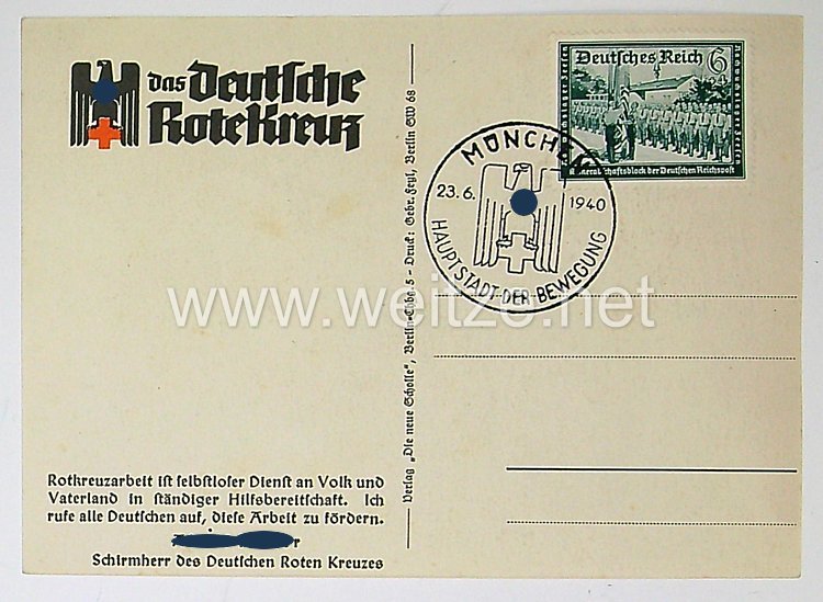 III. Reich - farbige Propaganda-Postkarte - " Adolf Hitler - Der Schirmherr des Deutschen Roten Kreuzes " Bild 2