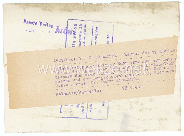 III.Reich Pressefoto, Prof. Dr. O. Niemczyk Rektor der TH-Berlin 25.4.1942 Bild 2