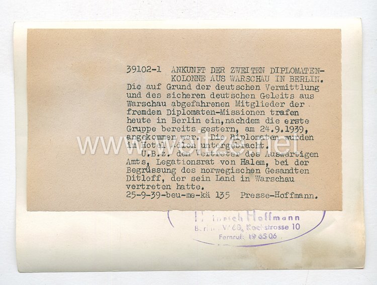 3. Reich Pressefoto: Ankunft der zweiten Diplomatenkolonne aus Warschau in Berlin 25.9.1939 Bild 2