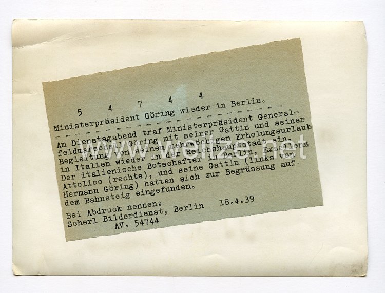 III. Reich Pressefoto. Ministerpräsident Göring wider in Berlin. 18.4.1939. Bild 2