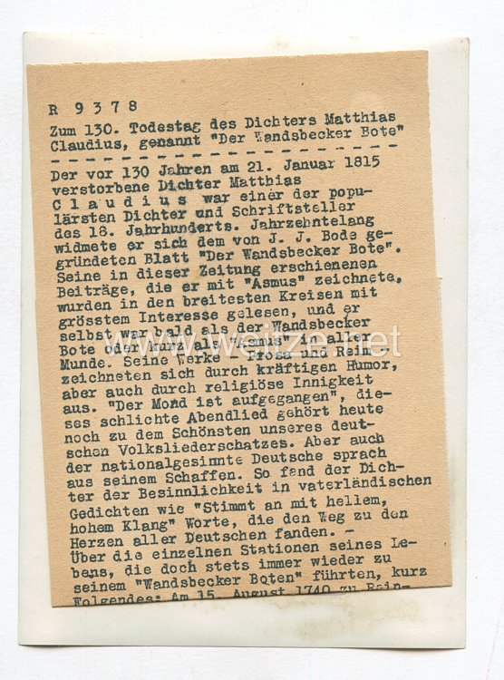 3. Reich Pressefoto: Zum 130. Todestag des Dichters Matthias Claudius, genannt "Der Wandsbecker Bote" 10.1.1945 Bild 2