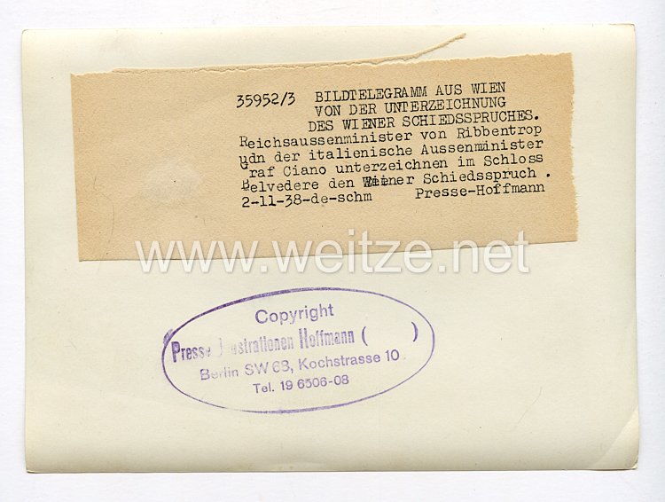 III. Reich Pressefoto. Bildtelegramm aus Wien von der Unterzeichnung des Wiener Schiedsspruches. 2.11.1938. Bild 2