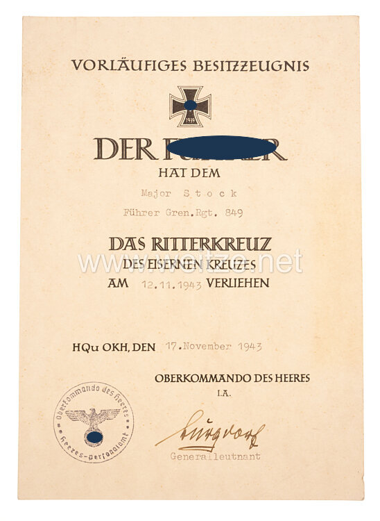 Wehrmacht - Vorläufiges Besitzzeugnis für das Ritterkreuz des Eisernen Kreuzes für Oberstleutnant Ernst Stock, Führer Grenadier Regiment 849 Bild 2