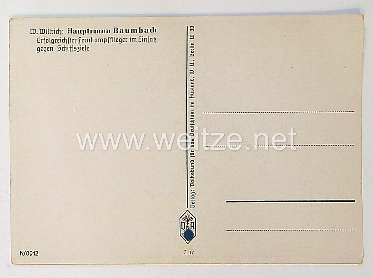 Luftwaffe - Willrich farbige Propaganda-Postkarte - Ritterkreuzträger Hauptmann Baumbach Bild 2