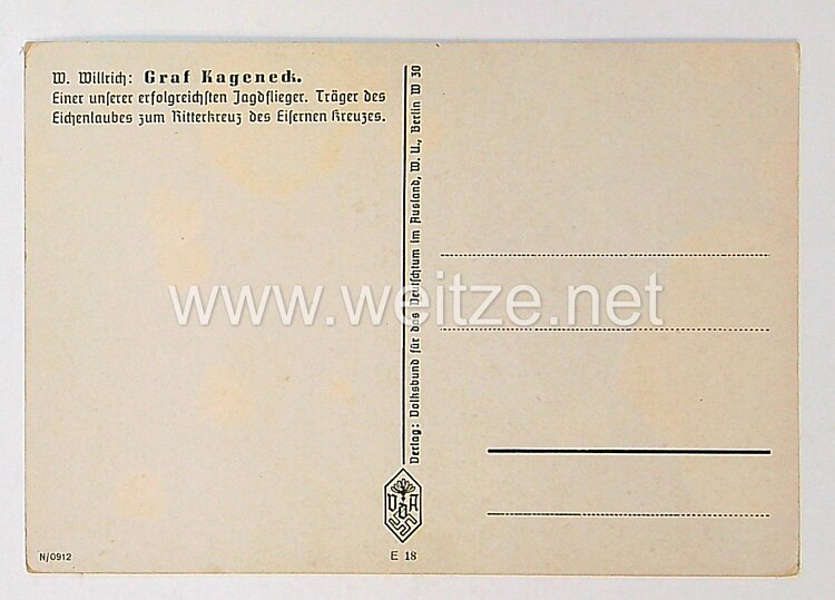 Luftwaffe - Willrich farbige Propaganda-Postkarte - Ritterkreuzträger Graf Kageneck Bild 2