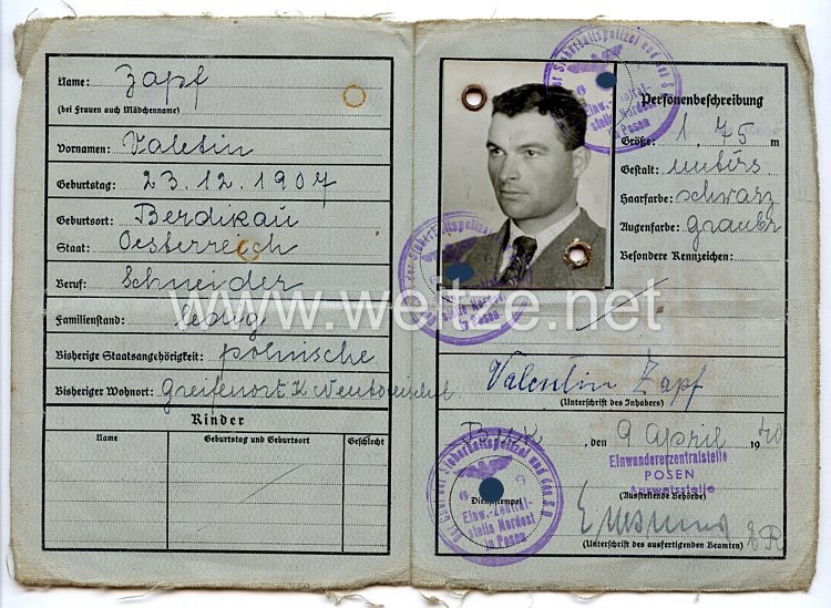 III. Reich - Rückkehrerausweis für einen Mann des Jahrgangs 1907 aus Österreich Bild 2