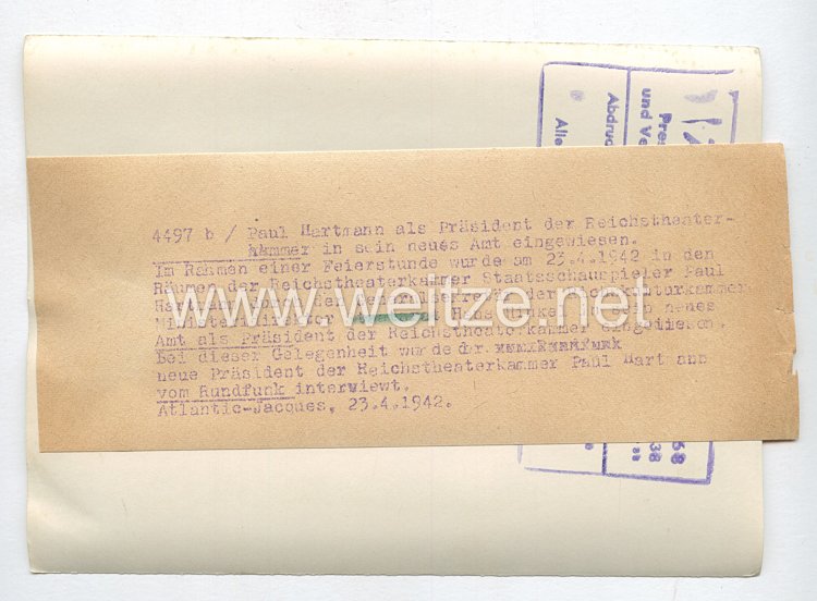 3. Reich Pressefoto: Paul Hartmann als Präsident der Reichstheaterkammer in sein neues Amt eingewiesen. 23.4.1942 Bild 2