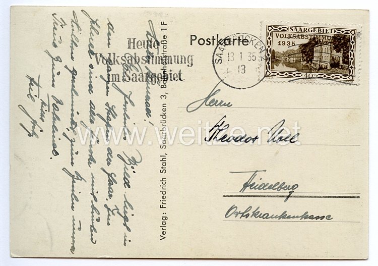 III. Reich - farbige Propaganda-Postkarte - " 13. Januar 1935 - Deutsch bleibt die Saar " Bild 2