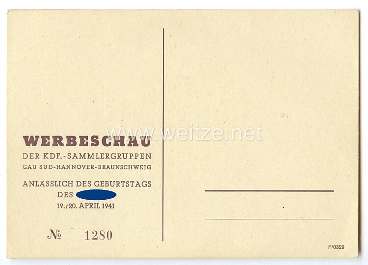 III. Reich - farbige Propaganda-Postkarte - " KdF-Theater Hannover - Werbeschau anlässlich des Geburtstags des Führers 19./20.4.1941 " Bild 2