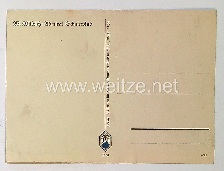 Kriegsmarine - Willrich farbige Propaganda-Postkarte - Ritterkreuzträger Admiral Schniewind Bild 2