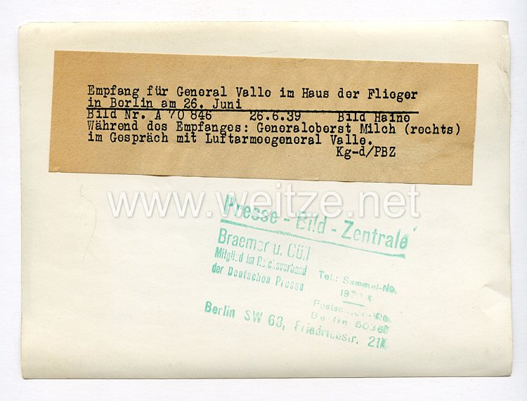 III. Reich Pressefoto. Empfang für General Valle im Haus der Flieger in Berlin am 26.6.1939. Bild 2
