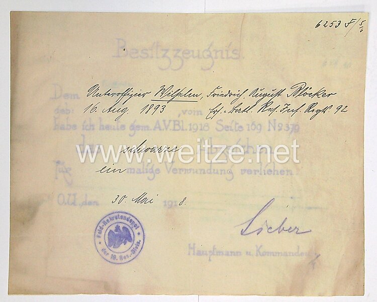 1. WK - Urkundengruppe eines Leutnant Ers. Batl. Res. Inf. Reg. 92 Bild 2