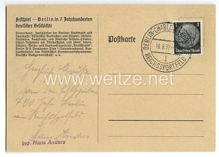 III. Reich - farbige Propaganda-Postkarte - " Festspiel - Berlin in 7 Jahrhunderten deutscher Geschichte - Olympiastadion 1937 " Bild 2