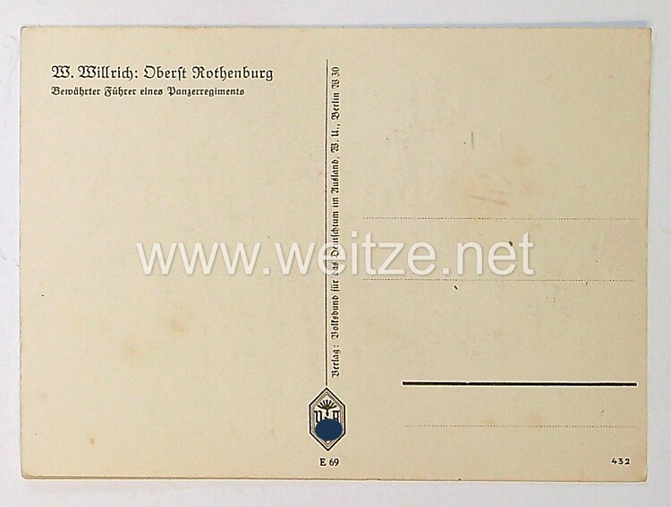 Heer - Willrich farbige Propaganda-Postkarte - Ritterkreuzträger Oberst Rothenburg Bild 2
