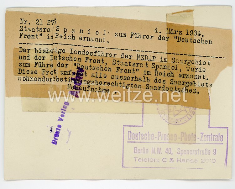 III.Reich Pressefoto, Staatsrat Spaniol zum Führer der "Deutschen Front" im Reich ernannt 4.3.1934 Bild 2