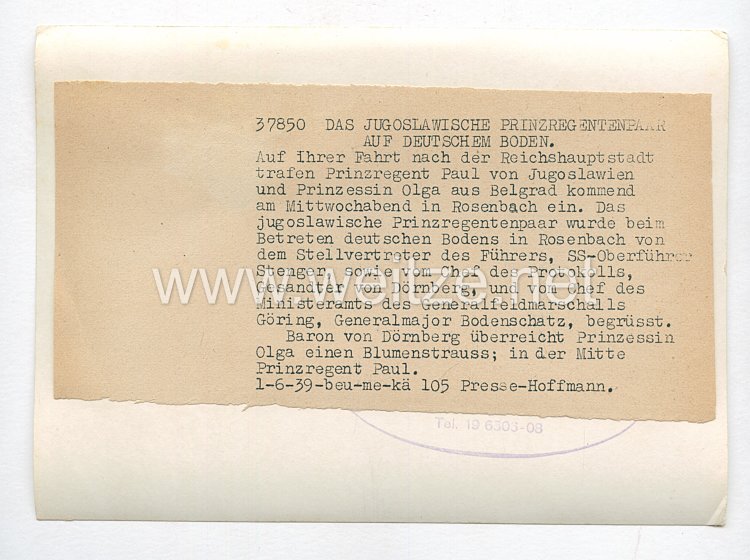 3. Reich Pressefoto: Das jugoslawische Prinzregentenpaar auf deutschen Boden 1.6.1939 Bild 2