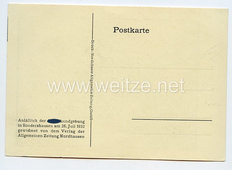 III. Reich Propaganda-Postkarte - " Anläßlich der Hitlerkundgebung in Sondershausen am 26. Juli 1932 gewidmet von dem Verlag der Allgemeinen Zeitung Nordhausen " Bild 2