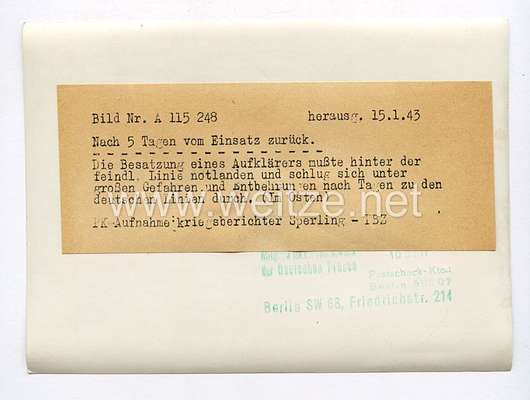 III. Reich Pressefoto. Nach 5 Tagen vom Einsatz zurück. 15.1.1943. Bild 2