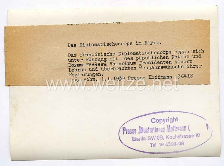 III. Reich Pressefoto. Das Diplomatische Corps im Elyse. 1.1.1939. Bild 2