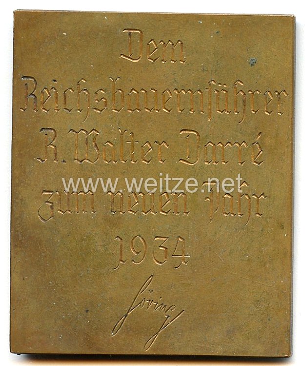 III. Reich - persönliche Geschenkplakette des Reichsjägermeisters Hermann Göring an den Reichsbauernführer Darré zum Neuen Jahr 1934 Bild 2