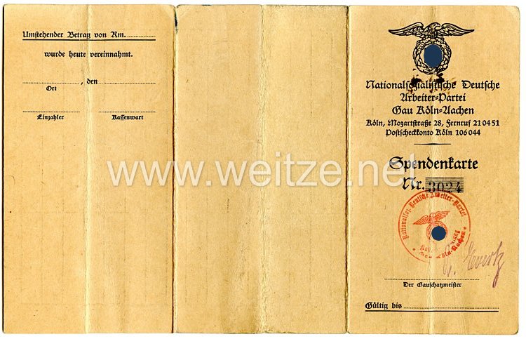 III. Reich - NSDAP Gau Köln Aachen Spendenkarte  Bild 2