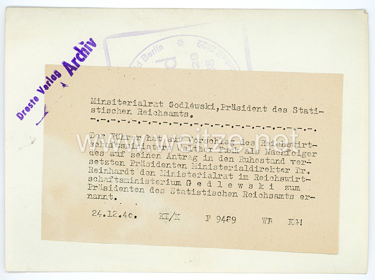 III.Reich Pressefoto, Ministerialrat Godlewski, Präsident des statistischen Reichsamts 24.12.1940 Bild 2