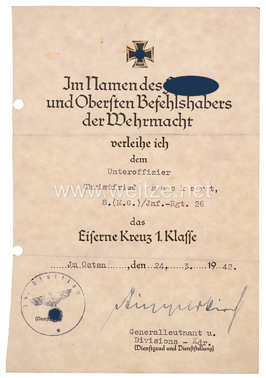 Deutsches Kreuz in Gold - Nachlass des Feldwebel Christfried Beckert 8.(M.G.) I.R.26 Bild 2