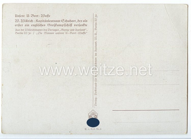 Kriegsmarine - Willrich farbige Propaganda-Postkarte - Ritterkreuzträger Kapitänleutnant Otto Schuhardt Bild 2