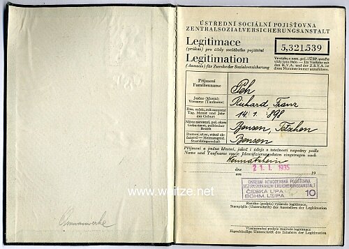 III. Reich - Tschechoslowakei - Mitgliedsausweis der U.S.P. ( Sozialversicherung ) Bild 2