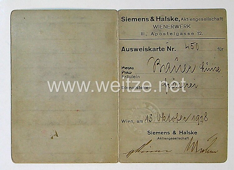 III. Reich - Ausweiskarte Siemens & Halske Winerwerk  Bild 2