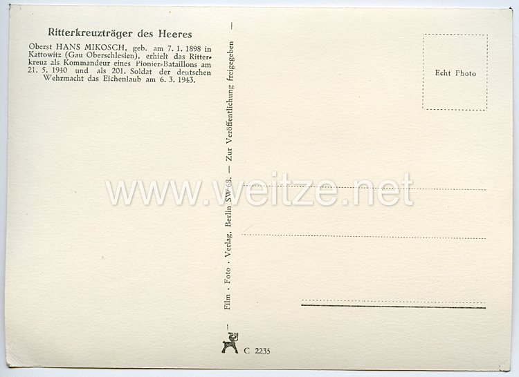 Heer - Originalunterschrift von Ritterkreuzträger Oberst Hans Mikosch Bild 2