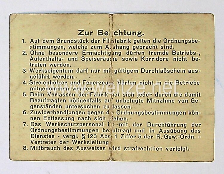 III. Reich - Ausweis AGFA I.G. Wolfen - Filmfabrik  Bild 2