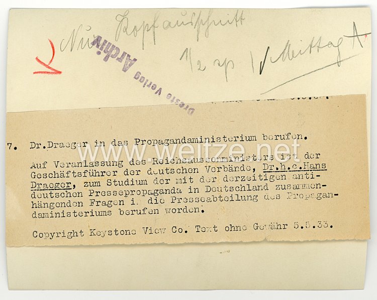 III.Reich Pressefoto, Dr. Draeger in das Propagandaministerium berufen 5.5.1933 Bild 2
