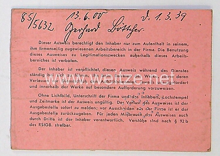 III. Reich - Ausweis Siemens & Halske AG Schukertwerke - AG Bauabteilung  Bild 2