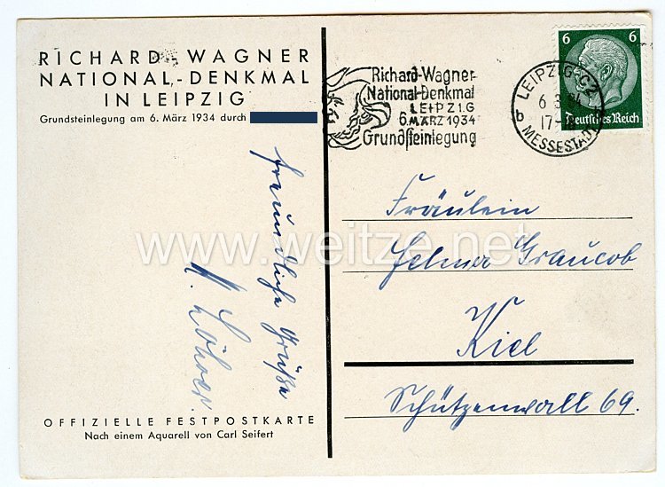 III. Reich - farbige Propaganda-Postkarte - " Richard-Wagner National-Denkmal in Leipzig" Bild 2
