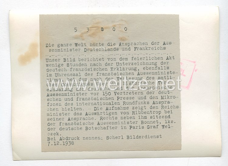 3. Reich Pressefoto: Reichsminister Ribbentrop und Außenminister Bonnet Bild 2