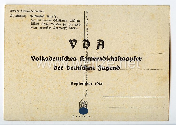 Luftwaffe - Willrich farbige Propaganda-Postkarte - Ritterkreuzträger Feldwebel Hellmuth Arpke Bild 2